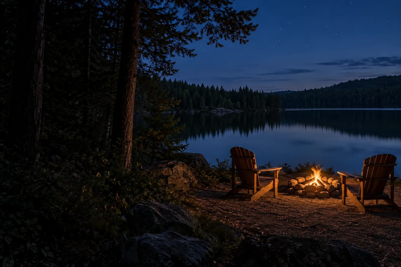 Chairs beside a campfire and quiet lake at dusk