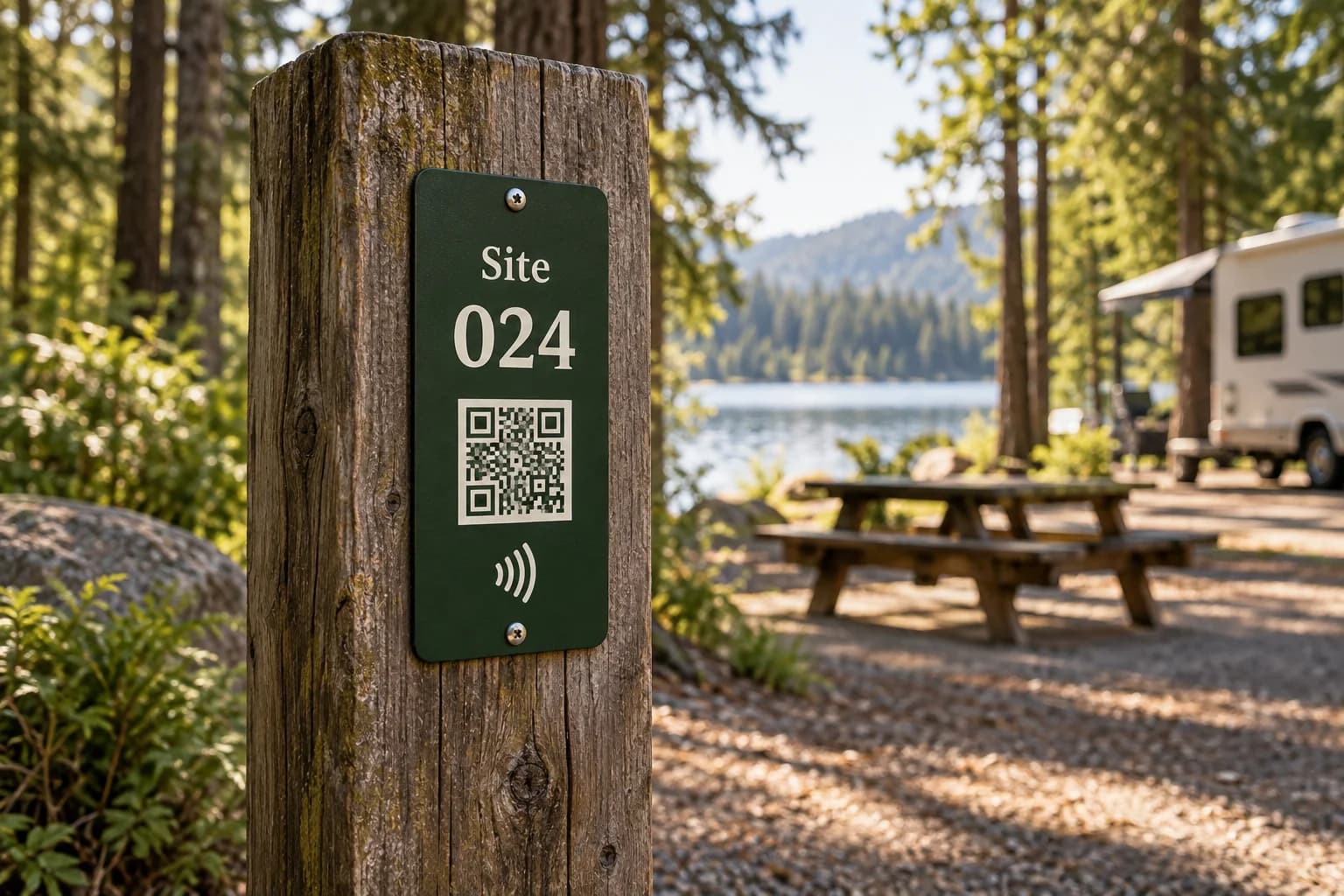 Illustrative NFC and QR property tag on a campsite post