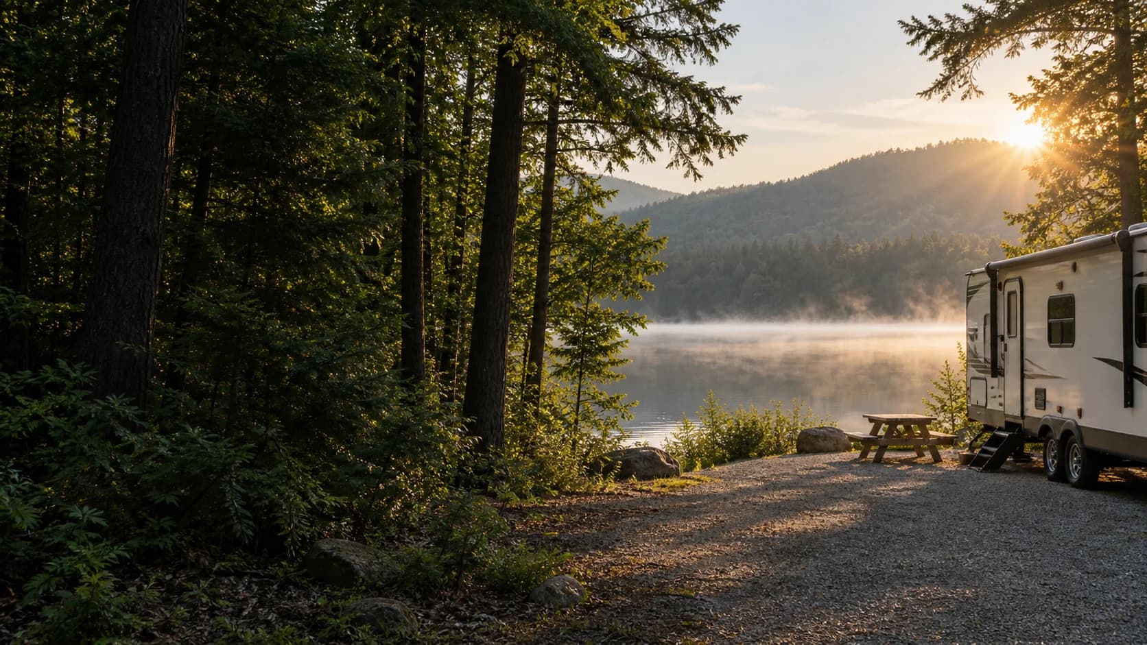 Wooded RV park beside a quiet lake