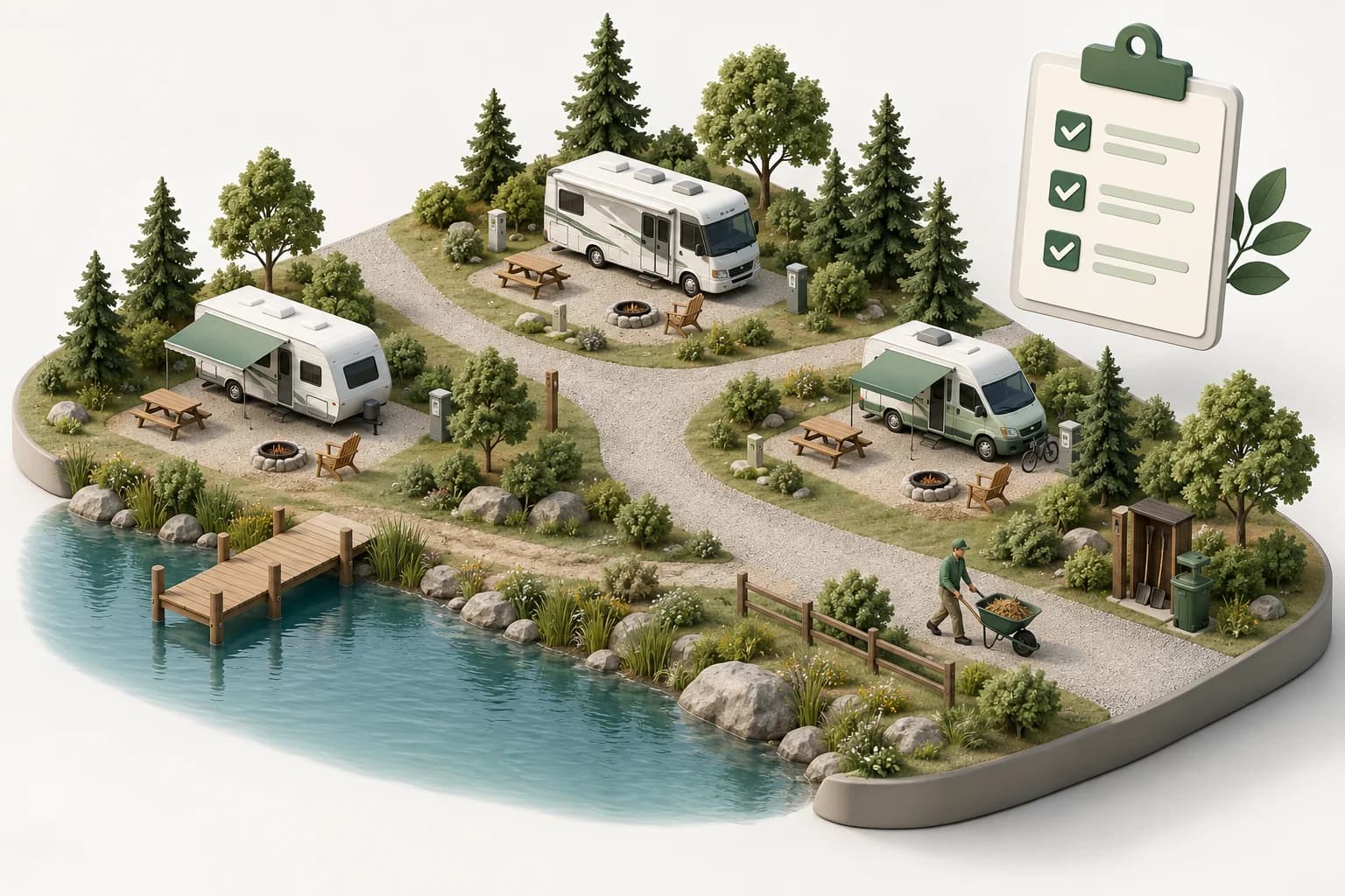 Illustration of an organized campground with a grounds maintenance checklist